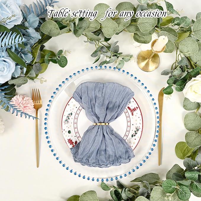 24 Pack Clear Charger Plates with Beaded Rim, 13 Inch Plastic Chargers for Dinner Plates Acrylic Round Tabletop Decoration for Home Kitchen Catering Wedding Table Event Party Dinner (Blue)
