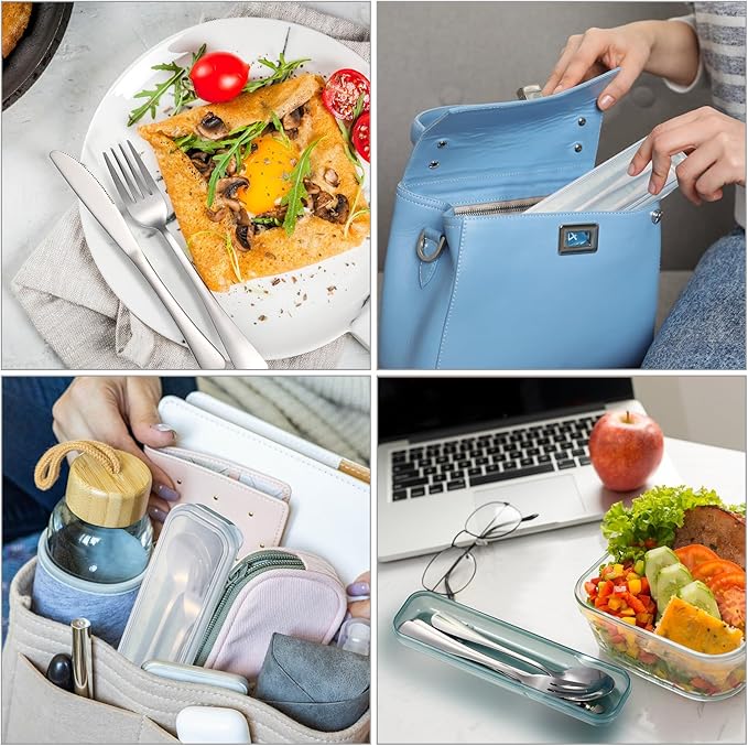 Yinkin 4 Pack Portable Travel Utensils Set with Case Reusable Stainless Steel Silverware Flatware Camping Cutlery Include Fork Spoon Knife for Work School Dishwasher Safe(Clear Series)