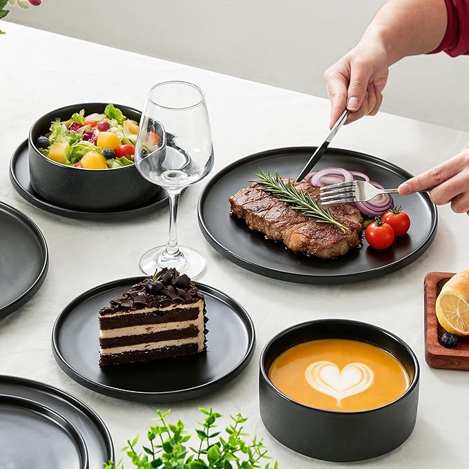 Salad & Dessert Plates, 8 Inch Small Dinner Plates Sets for 4, Dishwasher & Microwave Safe, Porcelain Dinner Dishes for Cake, Fruits, Waffle, Pasta, Salad, Modern Black