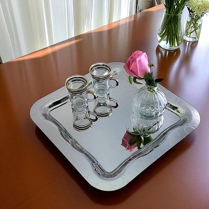 (Pack of 2) 13.4 inch x 13.4 inch Square Chrome Plated Silver Serving Tray Stylish Design Floral Line Bubble Engraved Edge Decorative Birthday Dessert Buffet Platter Plate NC-007