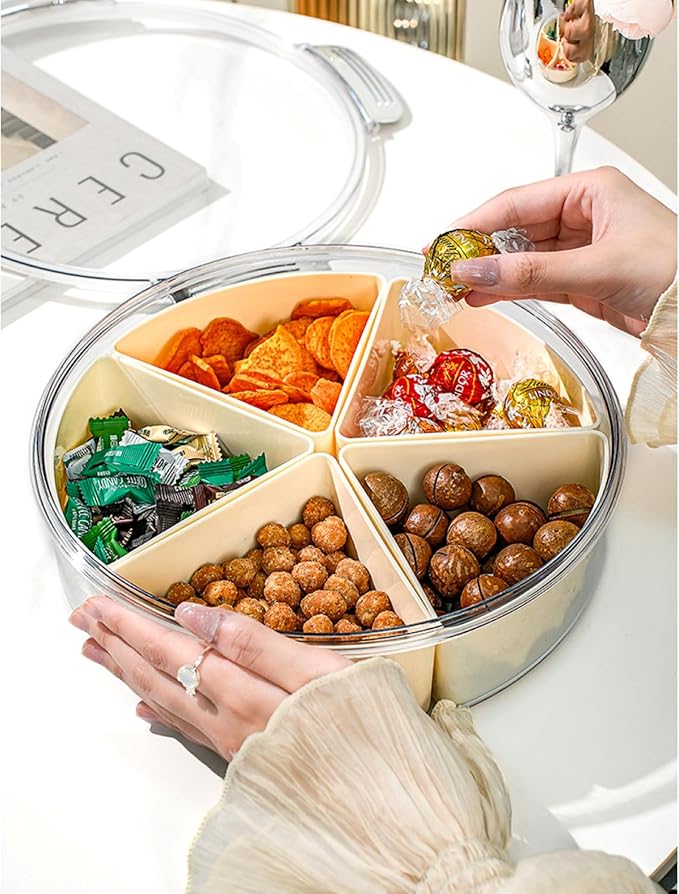 Beige Silver Round Plastic Divided Serving Tray with Lid, 5 Compartments Snack Tray Serving Platter for Biscuits, Fruit, Veggie, Candies and Hot Pot1
