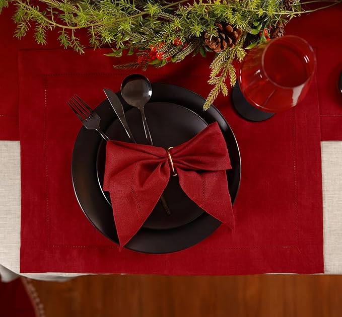 Home Ekaa 100% Pure Linen Red Placemats 14 x 19 Inch - Washable Hemstitch Christmas Placemats Set of 4 – Elegant Cloth Fabric Table Mats for Dining, Fall, Winter, Holiday & New Year – Elara Collection