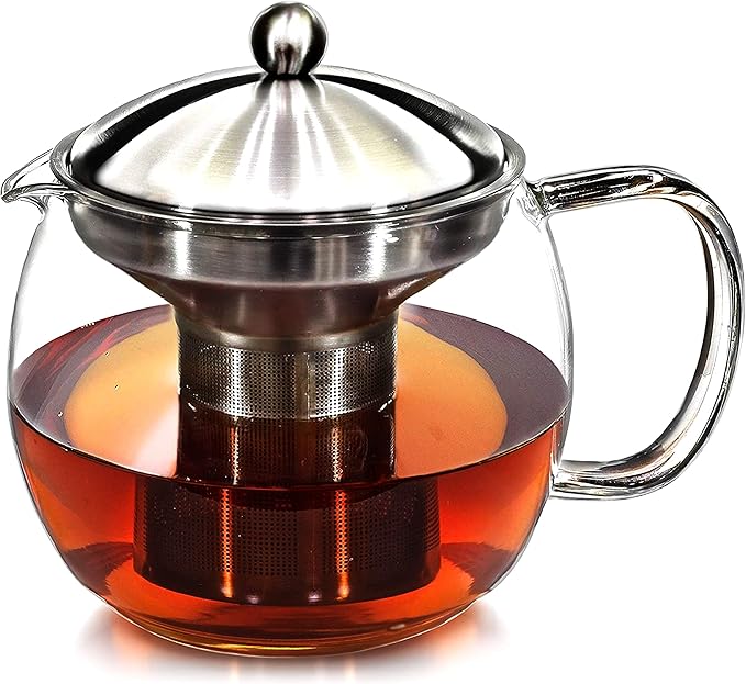 Teapot with Infuser for Loose Tea - 40oz, 3-4 Cup, Clear Glass Kettle Pot with Strainer & Warmer - For Whole Leaf, Iced Maker & Brewer