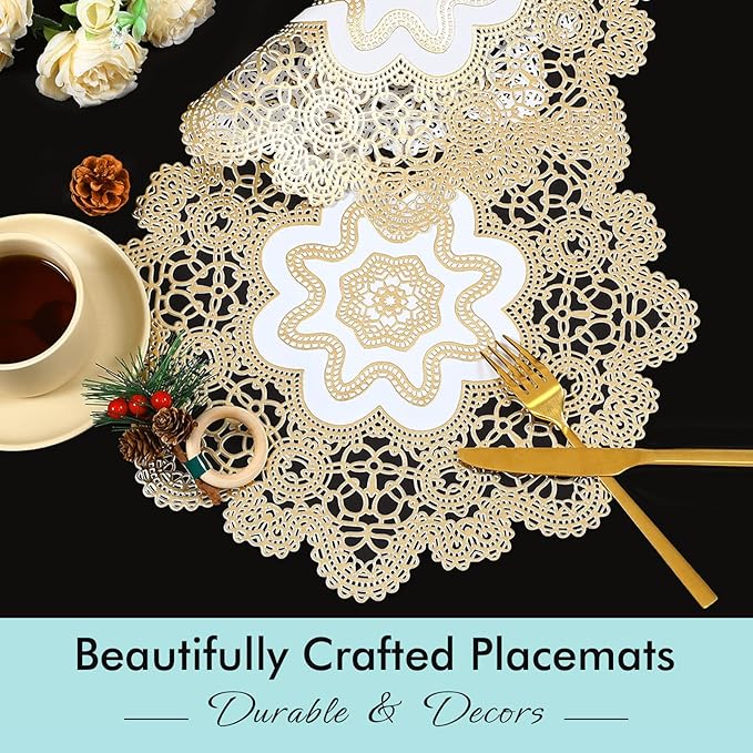 FAVE 6PCS Golden Snowflakes Placemats Set of 6 for Dining Table Durable Gold Table Mats Reusable Metallic Shiny Gold Placemats（Golden Snowflakes）