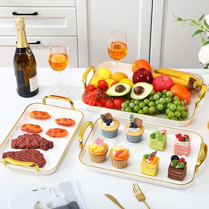 Rtteri Set of 6 Serving Platters with Handles 18.3/16.73/14.8 Inch Large Rectangular Serving Tray Reusable for Entertaining Dinner Party Wedding Decoration(Golden Handles,White)