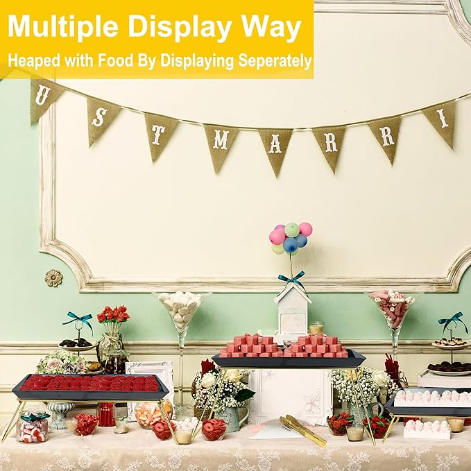 Extra Large 3 Tier Serving Tray, 24 x22 x 9.8 Inch Melamine Tiered Tray Stand and Platters for Party Buffet Entertaining, Black and Gold