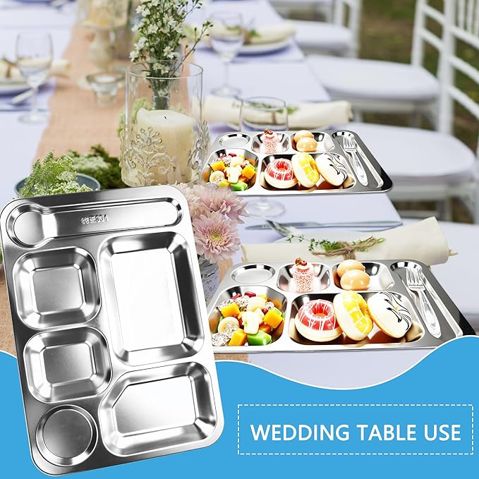 8 Pack 304 Stainless Steel Divided Plates Tray 6 Section Dinner Plates Unbreakable Metal Serving Platter Rectangular Control Plate for Adults Picky Eaters Campers Portion Control