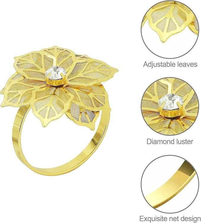 Pack of 18 Napkin Rings Alloy Hollow Out Flower Napkin Holder Dinning Table Napkin Ring for Dinner Parties Wedding Banquet Table Setting Family Gatherings Table Decor (Gold Flower, 18)