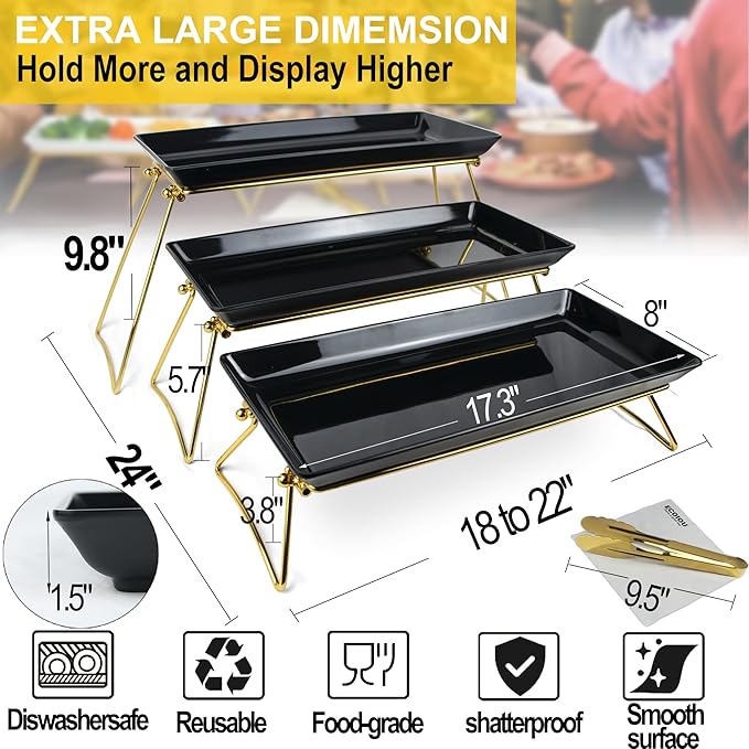 Extra Large 3 Tier Serving Tray, 24 x22 x 9.8 Inch Melamine Tiered Tray Stand and Platters for Party Buffet Entertaining, Black and Gold