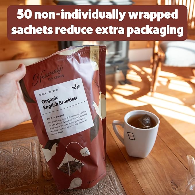 Heavenly Tea Leaves Organic Earl Grey (50 Pyramid Tea Bags), Bulk Compostable Black Tea Sachet - 100% Plastic Free, Premium Quality, Whole Tea Leaves in a Convenient Tea Bag