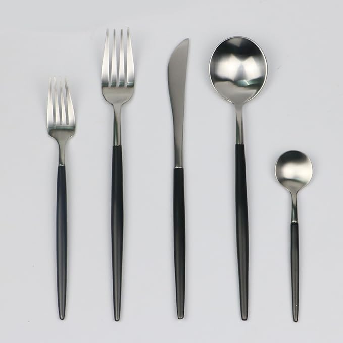 Customized 20-Piece 18/10 Stainless Steel Flatware Set, Serive for 4, With Fork Spoons Knife Teaspoon Dessert Fork for Home Kitchen Restaurant Hotel (Black + Silver)