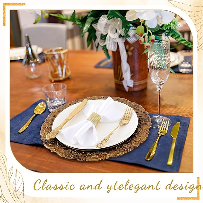 30 Pcs Antique Gold Charger Plates Bulk 13 Inch Embossed Rim Plastic Round Decorative Vintage Plates Charger for Dinner Wedding Party Event Table Setting Decoration (Classic)