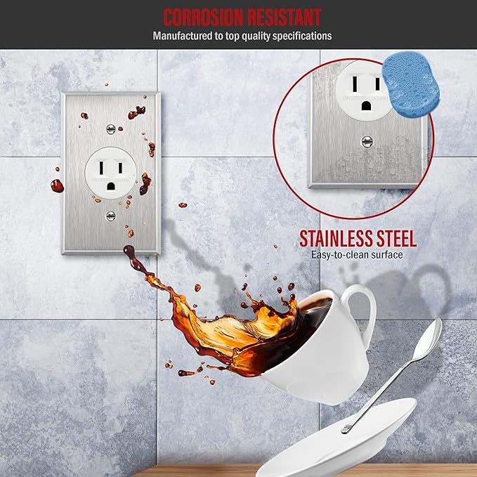 ENERLITES 7751-NEW 1.406" Hole Single Receptacle Outlet Metal Wall Plate, Corrosion Resistant, 1-Gang 4.50" x 2.76", 7751, 430 Stainless Steel, UL Listed, Silver, Standard Size
