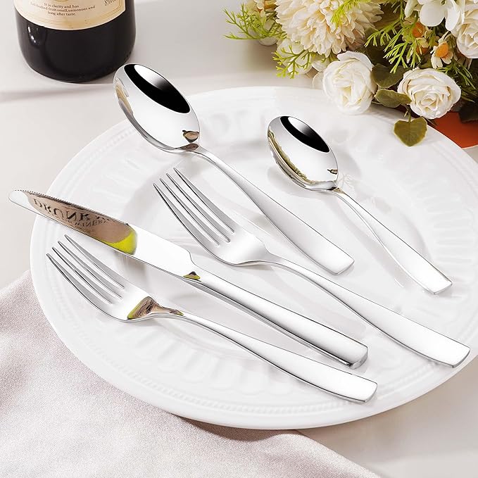 65-Piece Heavy Duty Flatware Set for 12, 18/10 Stainless Steel Silverware Set and Serving Utensils Set, Dishwasher Safe, Weighted Silverware Knife Fork and Spoon Set
