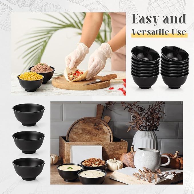 Tioncy 20 Pack 10 oz Black Dessert Bowls Set Round Melamine Bowls for Pasta Cereal Rice Soup Snack Candy Ice Cream Pudding Fruit Salad, Dishwasher Safe