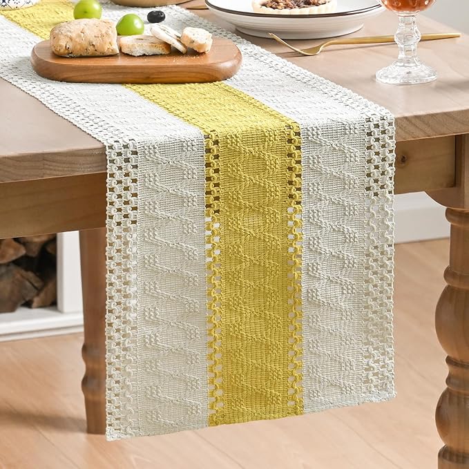 Artoid Mode Yellow Farmhouse Rustic Table Runner, Seasonal Holiday Hollow Kitchen Dining Table Decoration for Home Party Decor 12x72 Inch