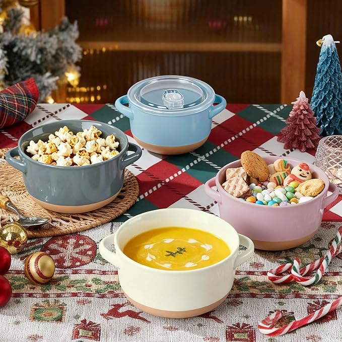 AmorArc 24 Ounces Soup Bowls with Large Handles and Lids, Stoneware Bowls Set of 4 for Soup, Cereal, Stew, Noodle, Colourful Ceramic Kitchen Bowls, Microwave&Dishwasher Safe, Multicolor