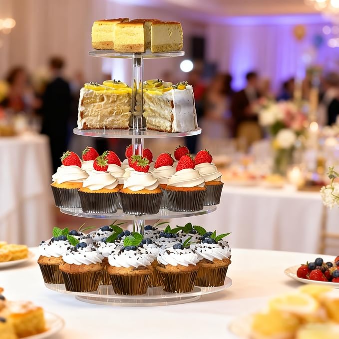 4-Tier Rotating Cupcake Stand, Clear Acrylic 360° Spinning Dessert Display Tower for Cakes & Pastries, Serving Stand for Weddings, Birthdays, Parties