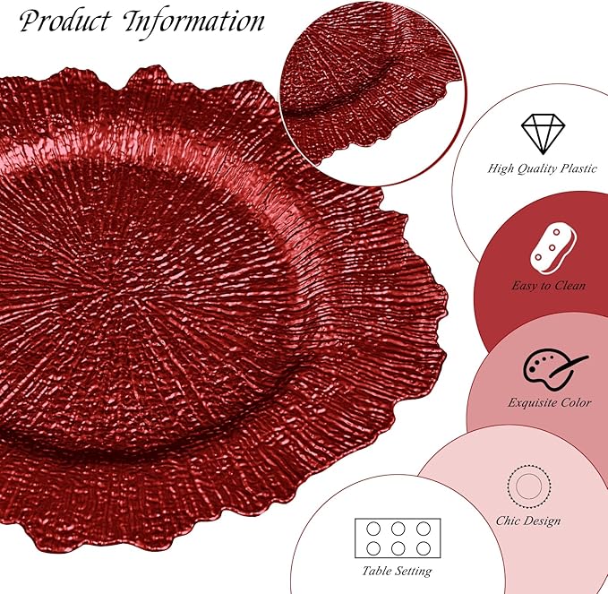 24 Pack Red Charger Plates Bulk, 13" Plastic Reef Chargers for Dinner Plates, Round Charger Plate with Floral Reef Design for Dinner Wedding Party Table Setting Decoration