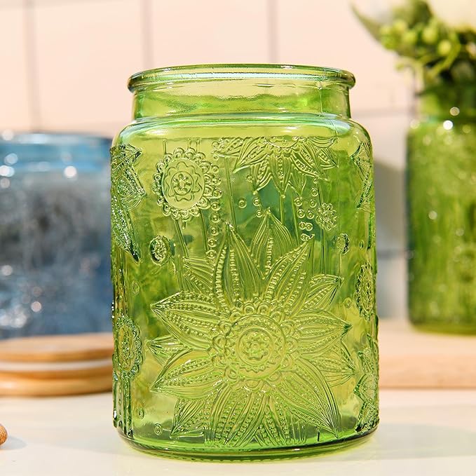Glass Storage Jars With Airtight Lid, 23.7oz Canister For Kitchen Counter with Wooden Lid, brown sugar, candy, coffee, cookie, salt, tea,pantry cute Jar (Green, 23.7 floz)