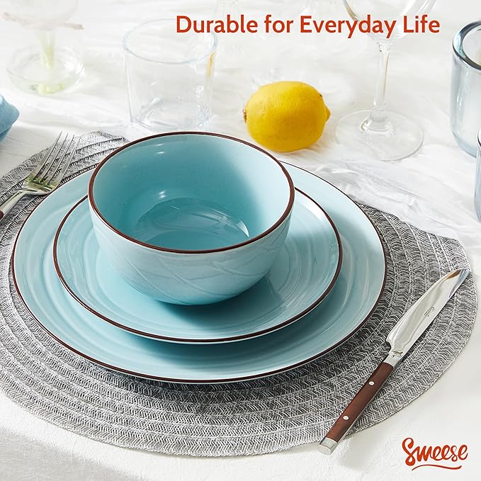 Sweese Porcelain Dinnerware Sets for 6, 18 Pieces Ceramic Plates and Bowls Sets, Handcrafted Minimalist Dinner Set, Chip and Scratch Resistant Dish Set, Dishwasher & Microwave Safe, Gradient Blue