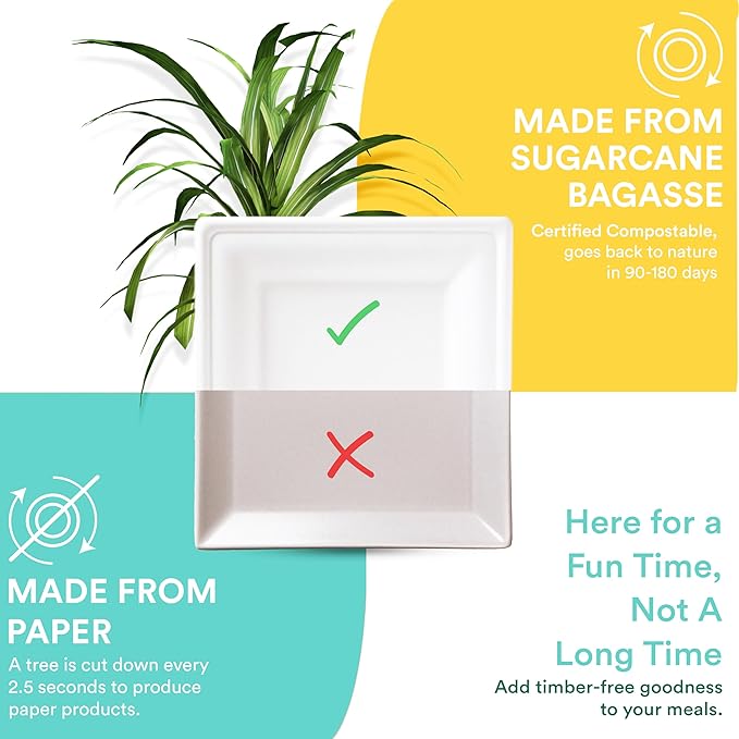 ECO SOUL Compostable Square Paper Plates 6 Inch (100 Count) Small Plates for Christmas Dessert, Heavy Duty, Eco-Friendly Sugarcane Bagasse For Appetizer- White