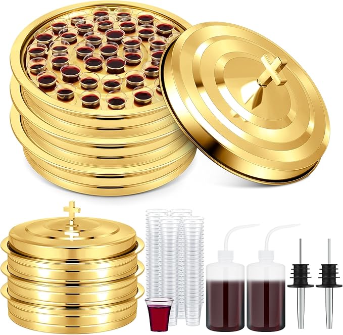 Zhehao 3 Sets Holy Communion Trays for Churches with Lid, Churches Cup Fillers, 100 Disposable Communion Cups (Golden)