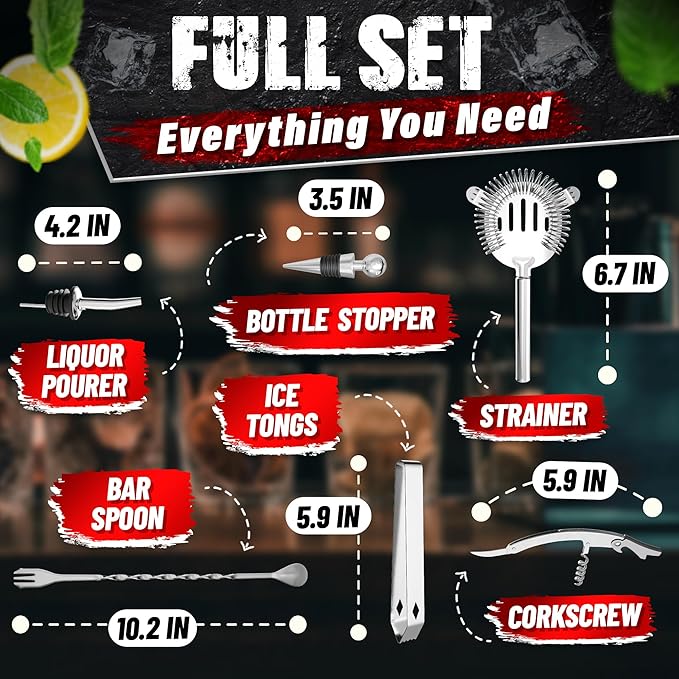 Mixology Bartender Kit with Stand – Stainless Steel Mixed Drink Shaker Set with 10 Accessories, Easy to Clean Bar Tool Set | Wooden Organizer for Home Bar Setup, Great Gift for Cocktail Enthusiasts