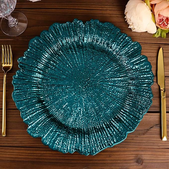 13" Charger Plates - Set of 12 - Acrylic Teal Round Reef Disposable Chargers, Ideal for Dinner Party Wedding Holiday Bulk Events