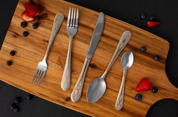 20 Piece Flatware Set - Vintage Handle with Gold Detailing - 18/10 Stainless Steel Silverware - Complete Cutlery Set for 4 - Home Essentials, Dishwasher Safe - For All Occasions (20 Piece, Lucca)