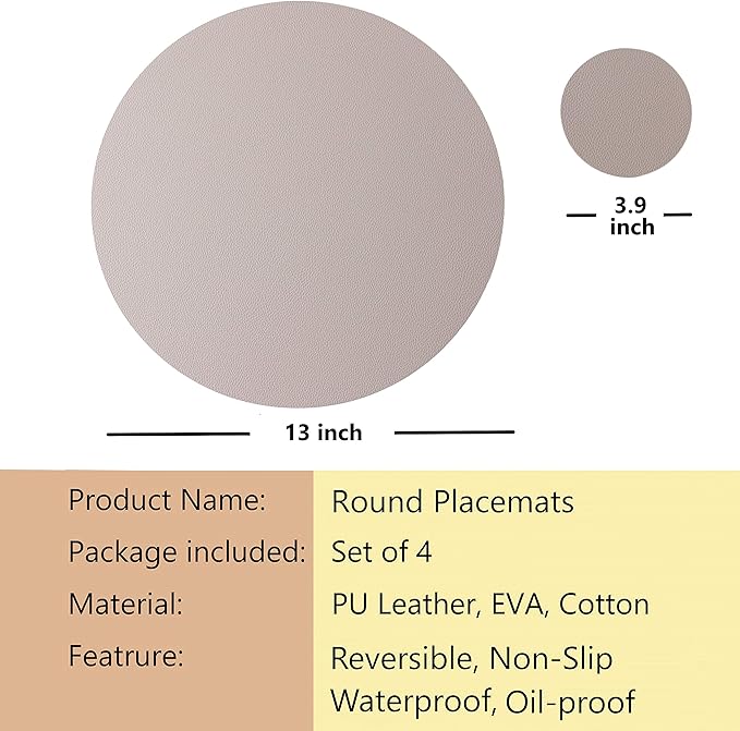 Wipeable Placemats and Coasters Leather Table Mats Waterproof Heat-Resistant Easy to Clean for Dining Table Set Kitchen Table Set of 4, Taupe
