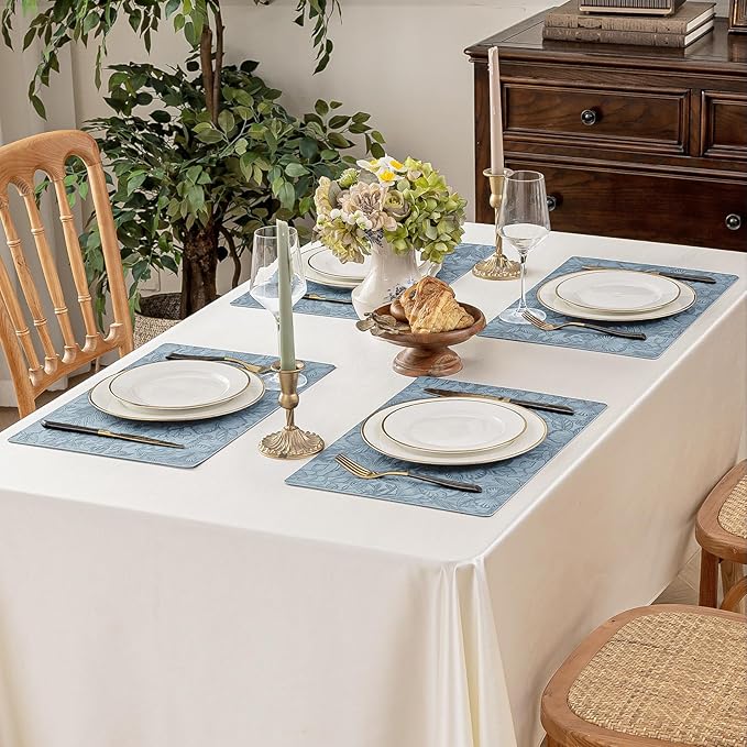Romanstile Vinyl Placemats Set of 4-12 X 17 Inch - Heat Resistant Non-Slip Embossed Floral Place Mats 100% Waterproof Oilproof Wipeable Faux Leather Table Mats for Kitchen/Dining/Party, SkyBlue