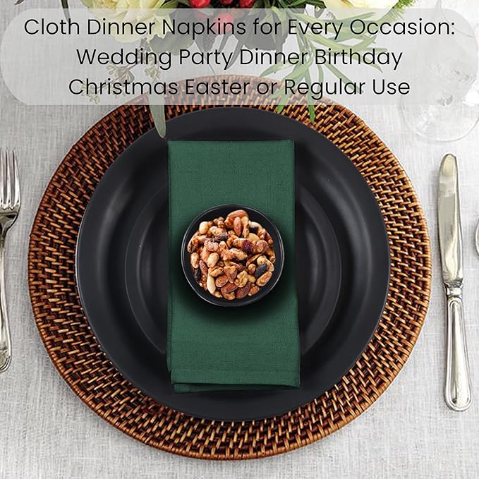 Set of 12 Cloth Dinner Napkins 100% Cotton - Soft Durable Washable - Ideal for Farmhouse Party Weddings Christmas Easter- Perfect Everyday Use Table Linen Cloth Napkins Forest Green 17x17