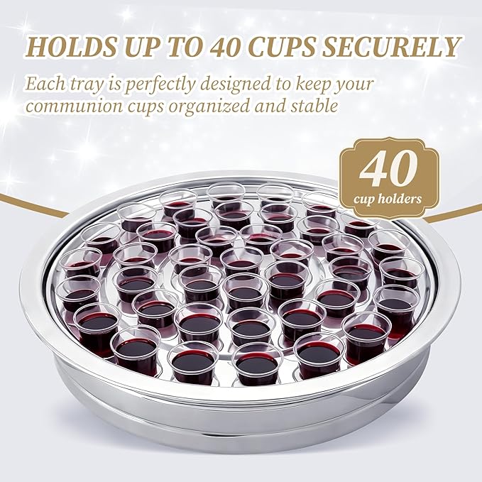 Stainless Steel Communion Tray Set for Church – 1Pcs Communion Wine Tray with 1 Lid & 1Pcs Bread Plate with Lid, Includes 100 Disposable Cups, Cups Filler