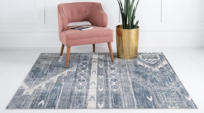 Rugs.com Oregon Collection Rug – 8 Ft Square Light Slate Blue Low-Pile Rug Perfect for Living Rooms, Kitchens, Entryways