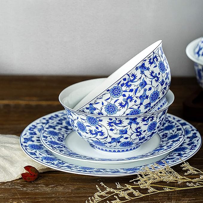 Dining Plate Set Ceramics Dinner Sets 26 Pieces Blue and White Porcelain Dinnerware Set | Gift Box Steak Plate Cereal Bowl and Soup Bowl,A