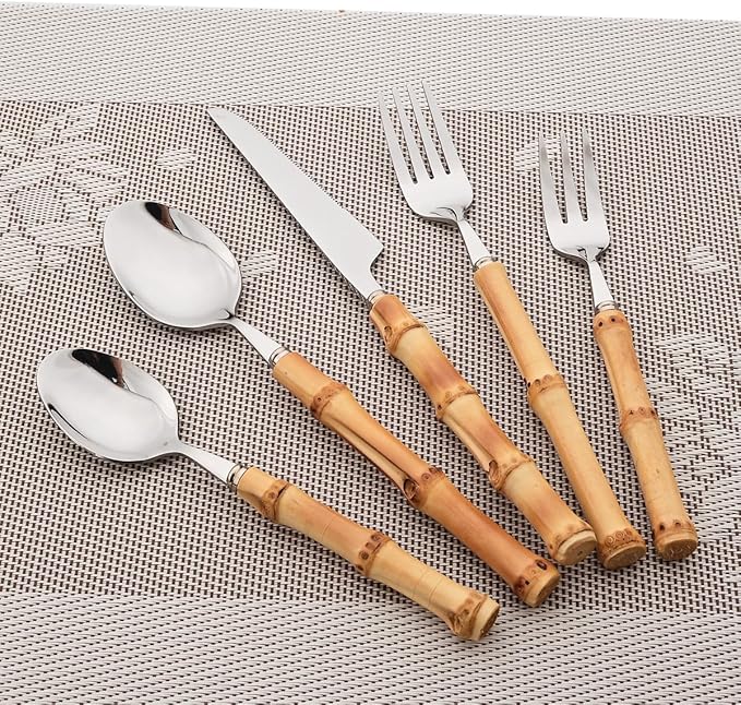 Gugrida 20pcs Flatware Silverware Serving Set Silver Stainless Steel Hostess Serving Utensil Set with Bamboo Handle Dishwasher Safe, 20pieces Service for 4