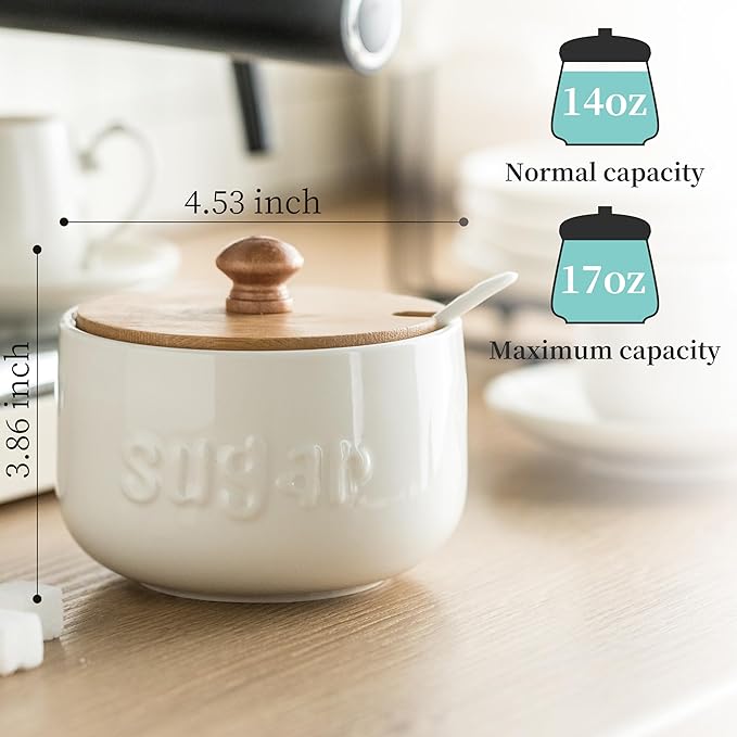 LYEOBOH Sugar Bowl with Lid and Spoon,17 OZ Sugar Jar, Ceramic Jar with Lid, Sugar Container for Coffee Bar, Sugar Bowls for Countertop, Azucarera for Farmhouse Home and Kitchen, White