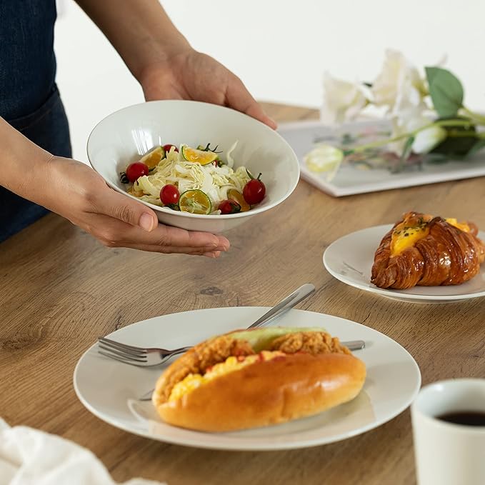 16 PC Rimmed Dinnerware Set for 4 Person | Mugs, Salad and Dinner Plates and Bowls Sets, Dishes with Highly Chip and Crack Resistant, Dishwasher and Microwave Safe, White. QI004500