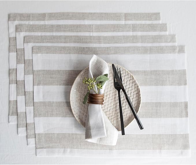 Solino Home Linen Placemats Set of 4 - Cabana Stripe Natural and White Placemats 14 x 19 Inch - 100% Pure Linen Place Mats for Christmas, Holiday, New Year
