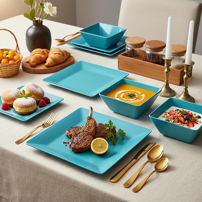 TP 12-Piece Melamine Dinnerware Sets, Plates and Bowls Dishes Set for 4, Break-Resistant & Non-Microwavable, Lightweight Square Dinner Plates, Teal