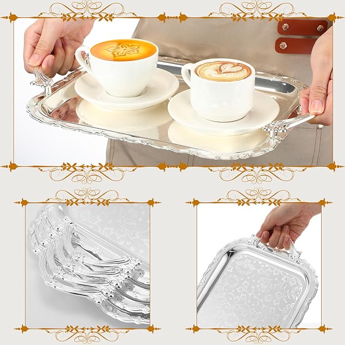 4 Pcs Silver Serving Tray with Handles Elegant Victoria Floral Engraved Metal Platters Large Decorative Trays for Buffet,Wedding Party, Jewelry Display, Service(Classic,Sliver)