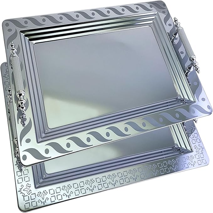 (Pack of 2) 17.9 inch x 12.9 inch Rectangular Chrome Plated Silver Serving Tray with Handles in Different Pattern Stylish Floral Engraved Decorative Party Dessert Platter Plate NC-070