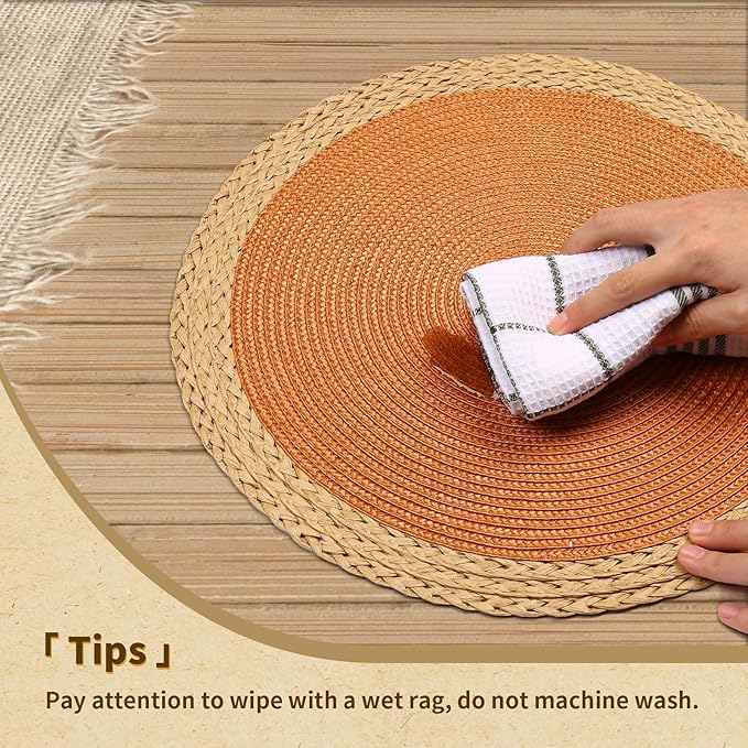 Noctiflorous Round Placemats Set of 4, 15 Inch Braided Hand Woven Table Mats, Heat Resistant Non-Slip Wipeable Wide Edge Place Mats for Kitchen Dining Indoor Outdoor Use(Orange, 4)