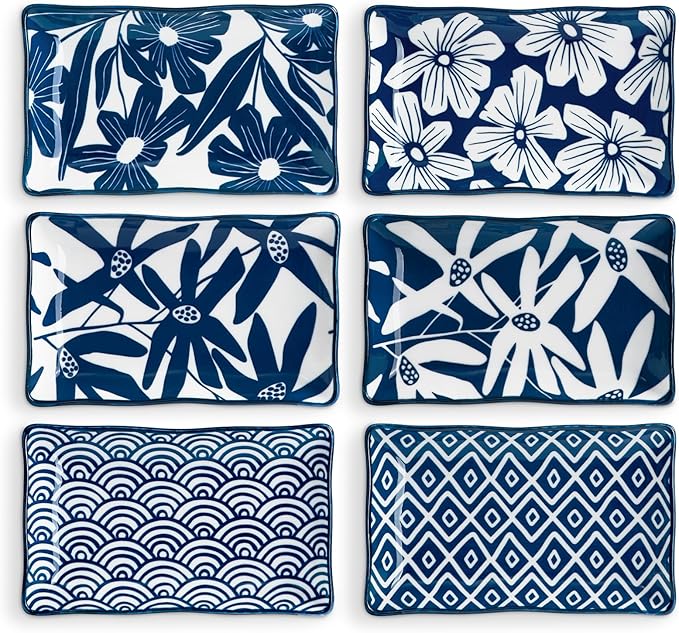 ONEMORE Rectangular Serving Plates Set of 6-7.5 inch Ceramic Blue and White Appetizer Plates - Microwave, Oven & Dishwasher Safe, Classic Style, Sturdy, Scratch Resistant - Vintage Blue