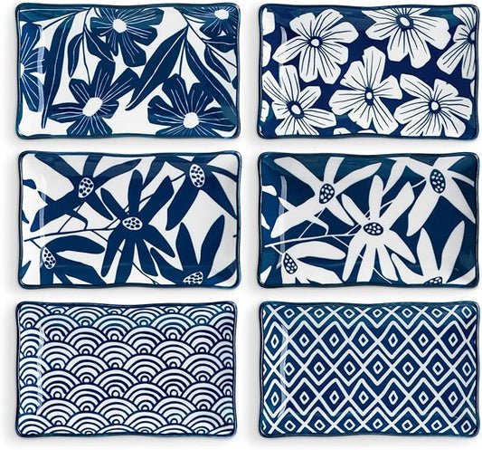ONEMORE Rectangular Serving Plates Set of 6-7.5 inch Ceramic Blue and White Appetizer Plates - Microwave, Oven & Dishwasher Safe, Classic Style, Sturdy, Scratch Resistant - Vintage Blue