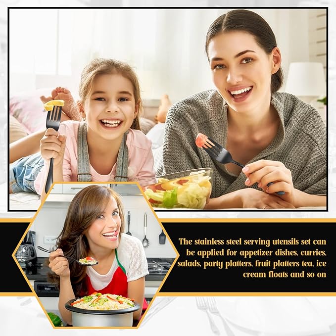 19 Pieces Serving Flatware Set Including Stainless Steel Spatulas, Forks, Spoons, Perforated, Soup, Skimmers Spoon, Buffet Tongs, Heavy Duty Serving Tongs for Home(Black)