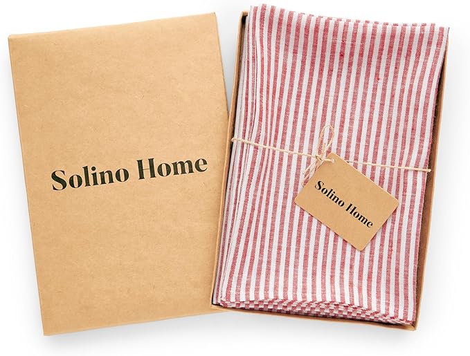 Solino Home Linen Napkins Set of 4-100% Pure Linen Narrow Stripe Red and White Cloth Dinner Napkins 20 x 20 Inch - Handcrafted and Machine Washable - Christmas, Holiday, Winter, New Year