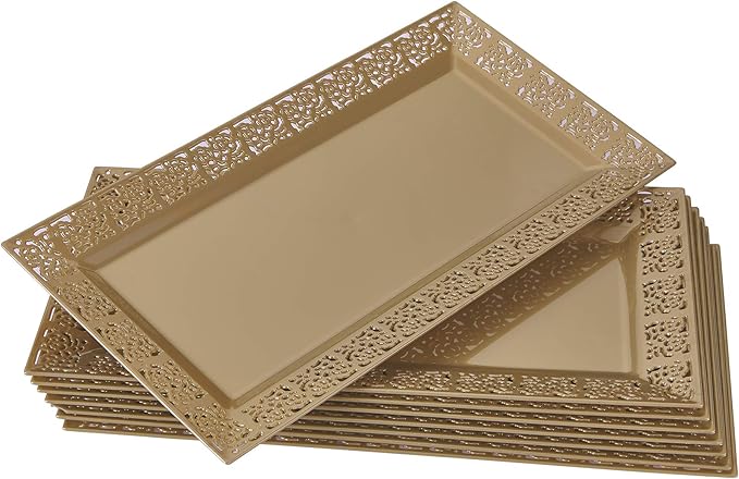 Silver Spoons DISPOSABLE LACE TRAYS | for Upscale Wedding & Dining | 6 pc | Gold | 14' x 7 . 5'