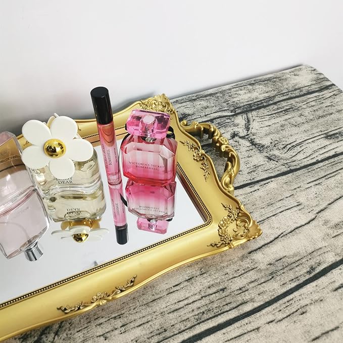 Hamphinee Rectangle Floral Decorative Mirror Tray, Perfume Organizer, Jewelry Dresser Organizer Tray & Display, Makeup Organizer Vanity Tray, Serving Tray, 9.3"x14.9", Gold